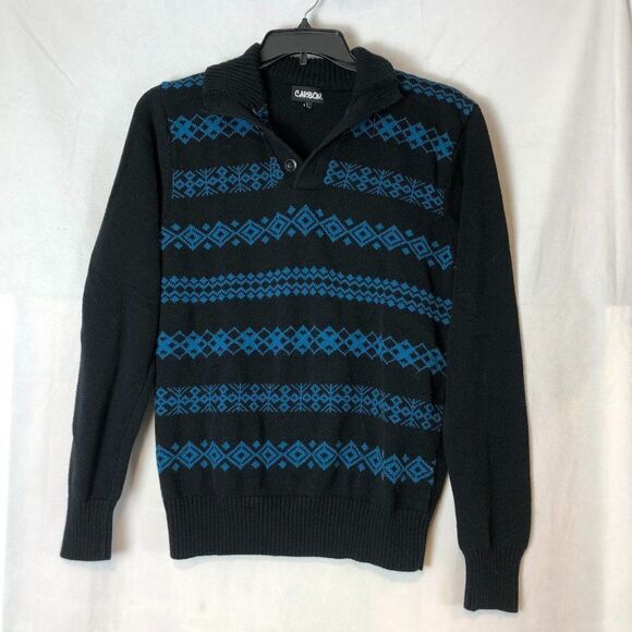 Carbon Mens Black Geometric Print Knit Sweater Long Sleeve Button Neck Sz L.  MT - Picture 1 of 4